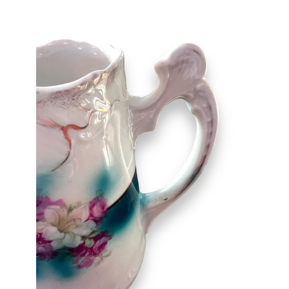 Shabby Chic Floral Pitcher White and Teal Vintage Pitcher Otnate Antique Pitcher - Picture 8 of 10